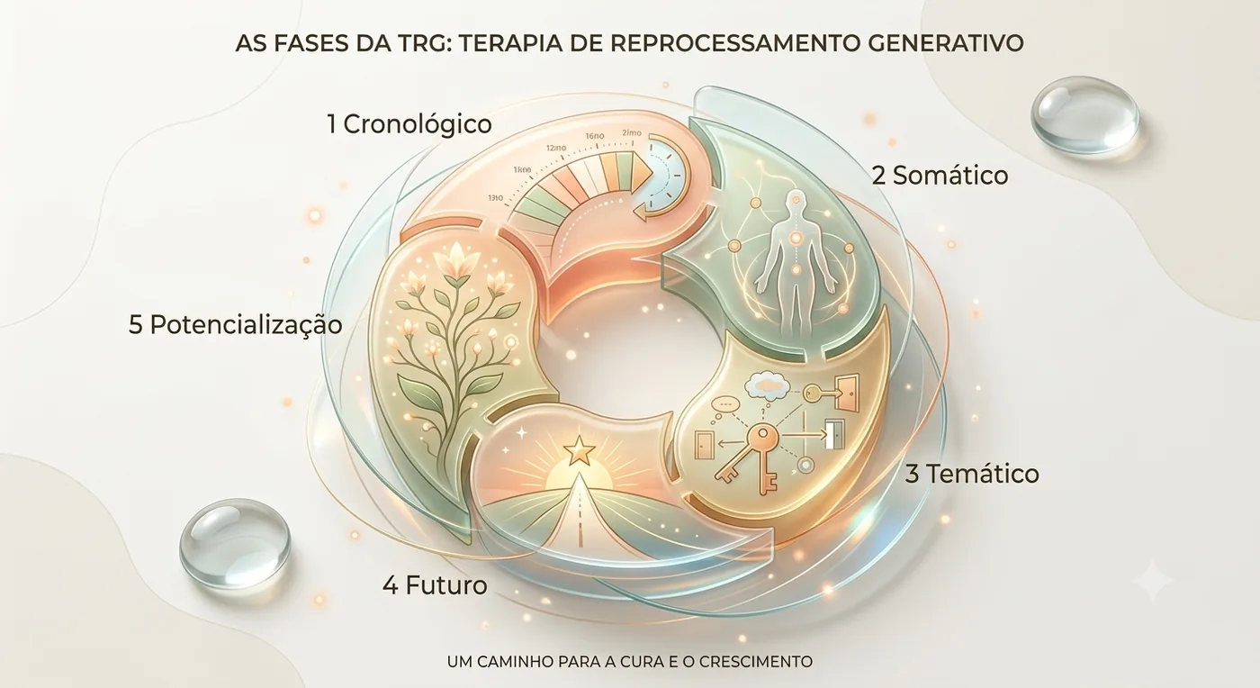 Diagrama das cinco fases da Terapia de Reprocessamento Generativo: cronológico, somático, temático, futuro e potencialização